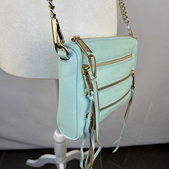 Rebecca Minkoff Crossbody Mini Bag Leather Purse Studded 5 Zip Mint Clutch Tote - Picture 11 of 16